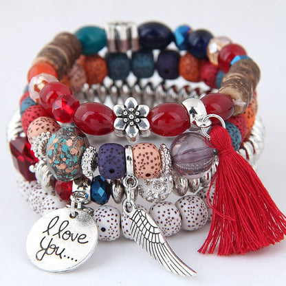 Bohemian Tassel and Wing Charm Bracelet Set