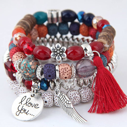 Bohemian Tassel and Wing Charm Bracelet Set