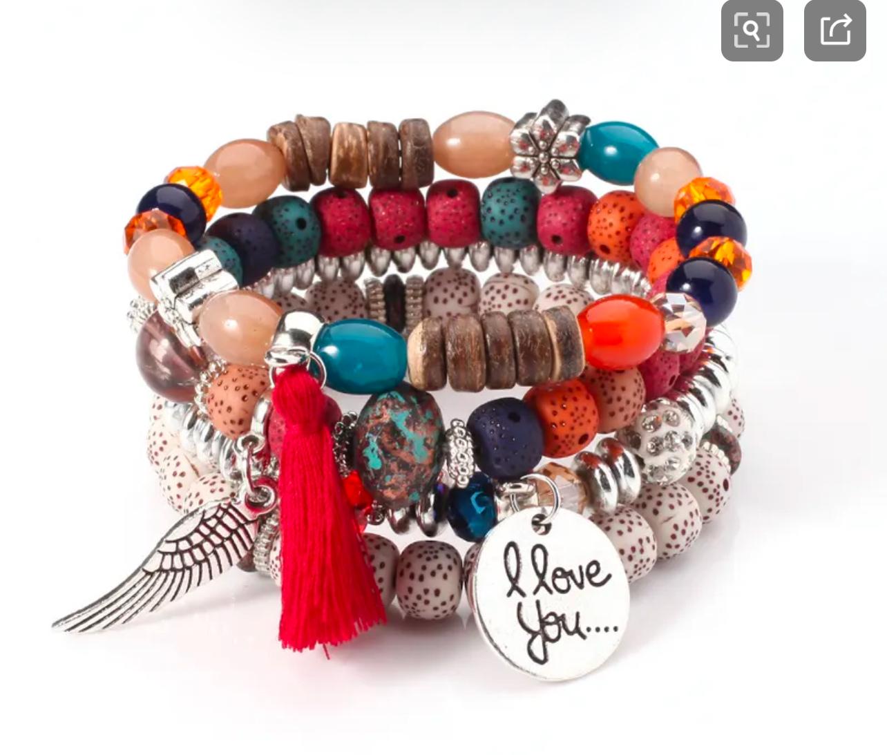 Bohemian Tassel and Wing Charm Bracelet Set