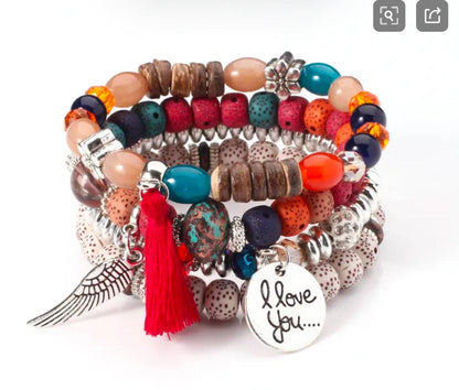 Bohemian Tassel and Wing Charm Bracelet Set