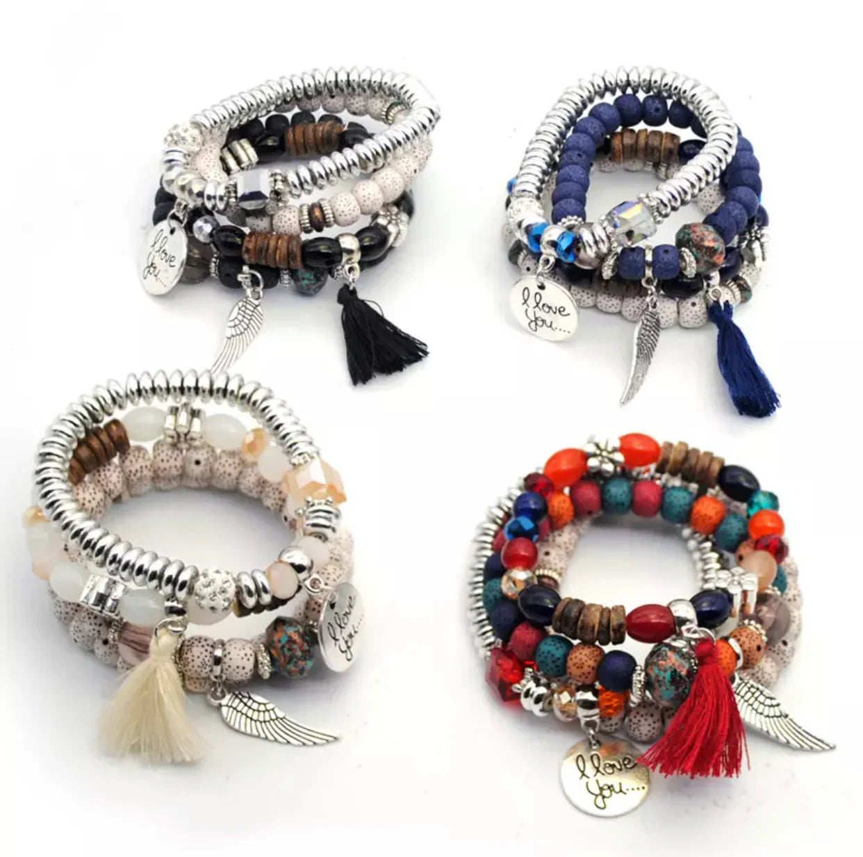 Bohemian Tassel and Wing Charm Bracelet Set